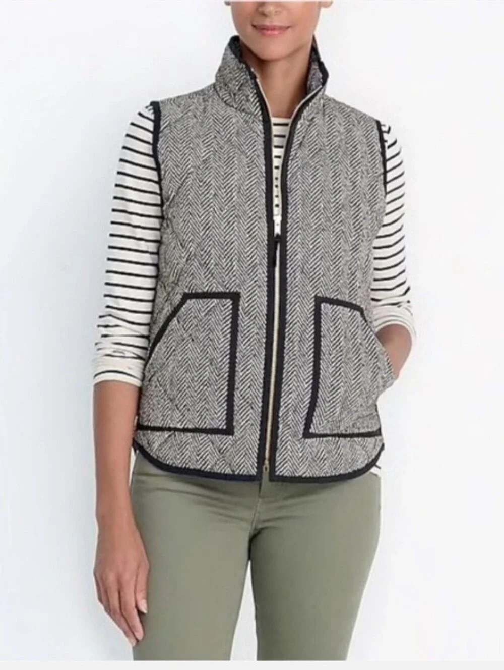 J.CREW Women’s Quilted Full Zip Herringbone Vest Black White XS Pockets